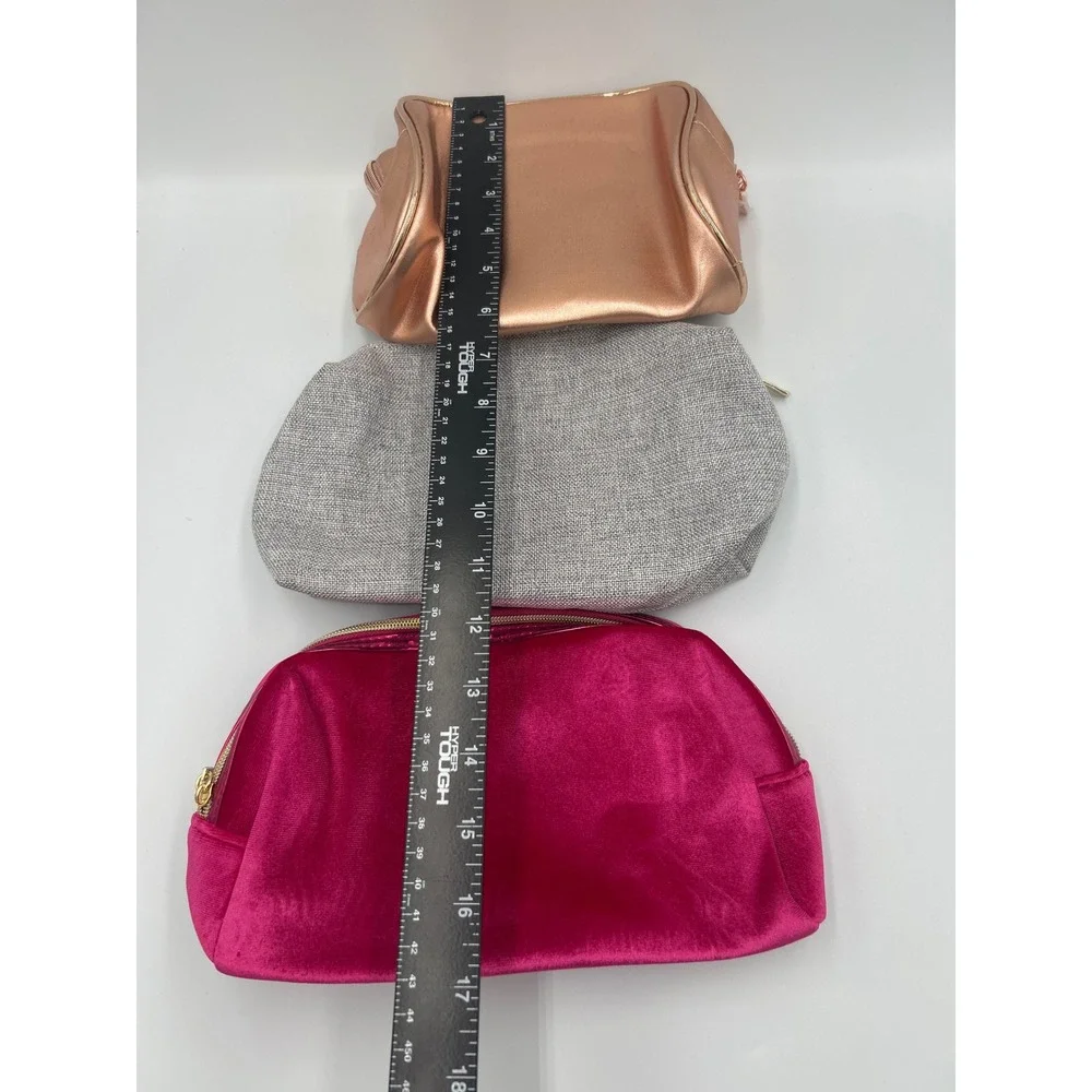 Lancome Makeup Bag Set 3pc Pink Velvet Grey Rose Gold‎ Metallic Cosmetic Pouch